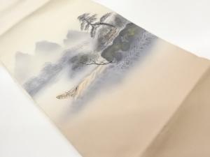 塩瀬手描き金彩屋敷に船・木々模様名古屋帯